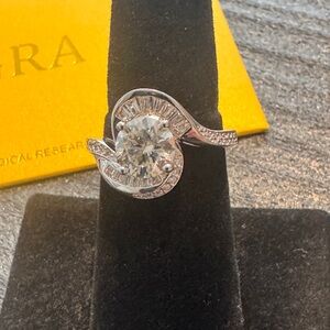 2.5ct Moissanite Elegant Silver Ring with baguette and micro accents. Size 7